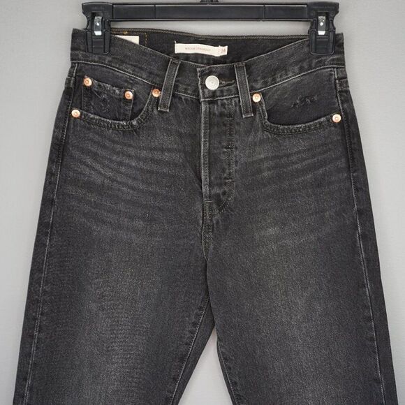 New Levi’s Wedgie Straight Distressed Button Up Raw Hem Jeans in Black size 24 - Picture 4 of 15